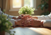 Couple d'ainés mains entrelacees avec bagues en or et fleurs vertes