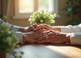 Couple d'ainés mains entrelacees avec bagues en or et fleurs vertes