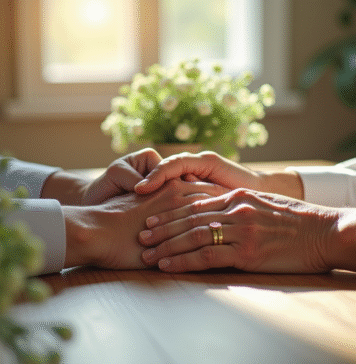Couple d'ainés mains entrelacees avec bagues en or et fleurs vertes