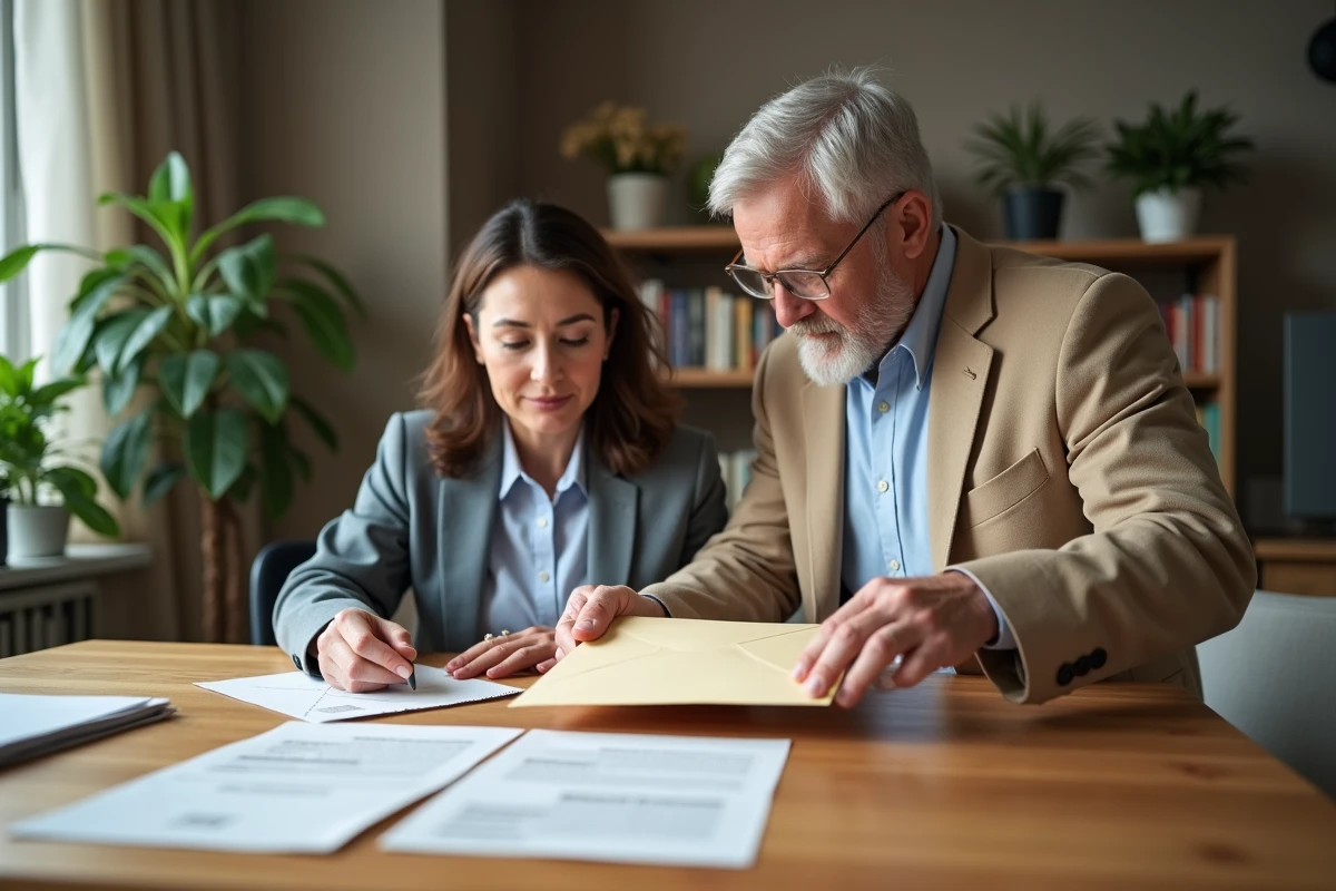 Couple en intérieur organisant des enveloppes à la maison