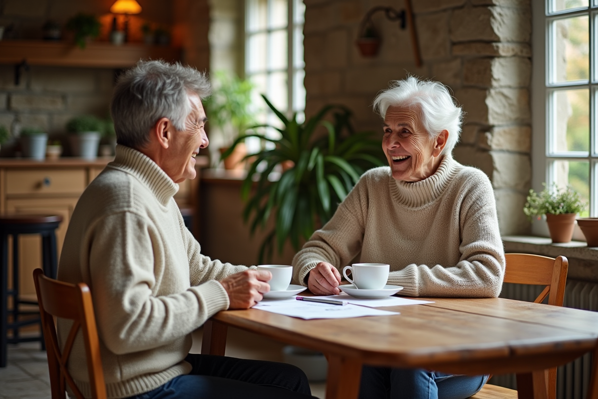 Couple retraité souriant partageant un café à la maison