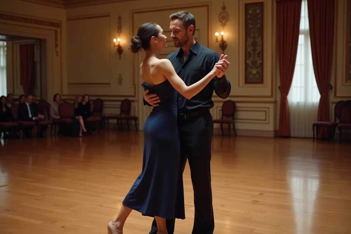 Couple de danseurs de tango avec une connexion corporelle imparfaite sur un parquet de salle de bal, illustrant les erreurs courantes dans la danse en couple