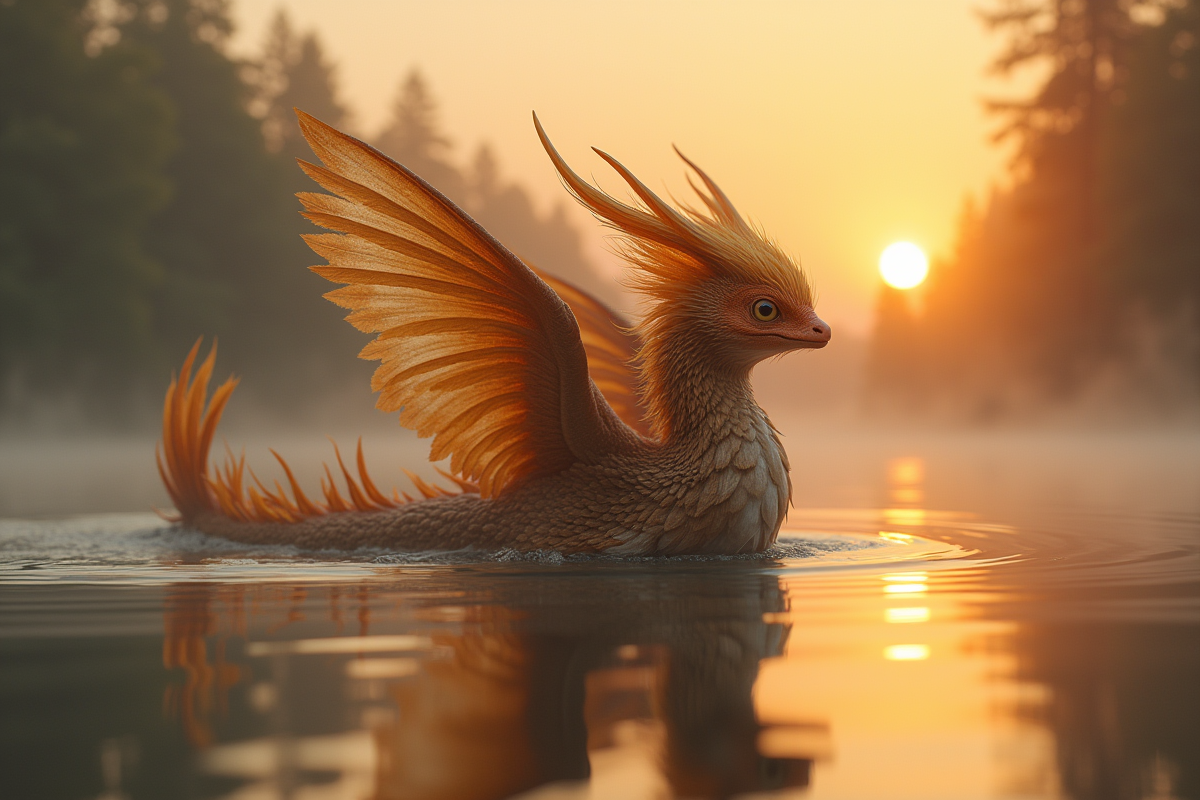 Créature en forme de S aux plumes dorées glissant sur l