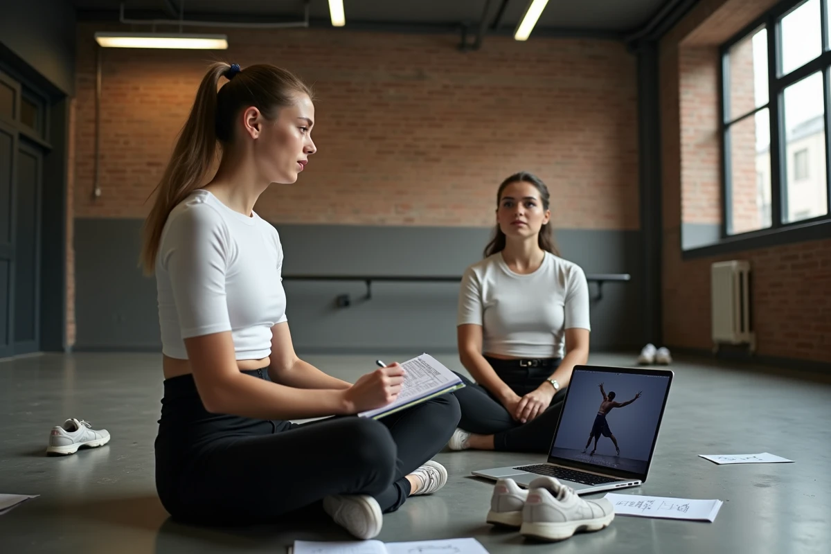 Jeune danseuse étudiant une chorégraphie hip-hop sur ordinateur portable dans un studio urbain, illustrant l'apprentissage difficile des différents styles de danse