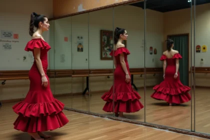 Danseuse de flamenco se corrigeant devant un miroir dans un studio de danse, illustrant les erreurs de posture dans les styles de danse différents
