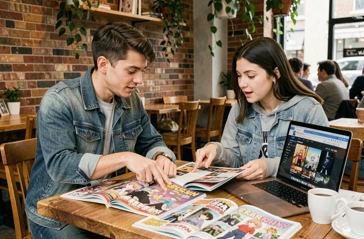 Deux amis discutant dans un café en comparant des volumes de manga et un anime sur ordinateur portable, débattant de l'ordre de lecture idéal