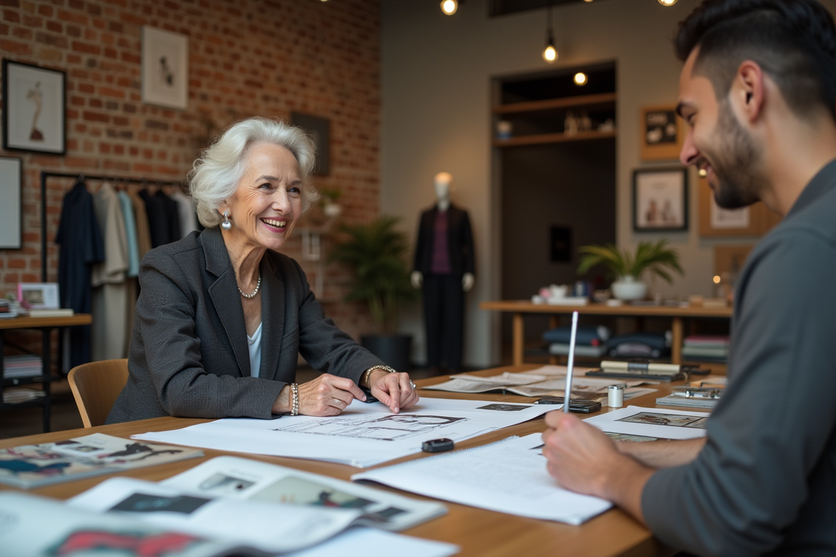 Designer de mode âgée en studio avec assistante et croquis