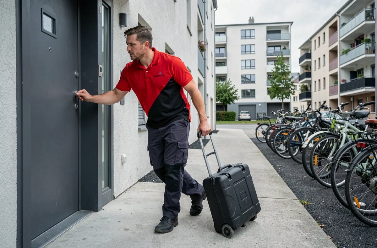 Technicien de Direct Assistance arrivant en urgence avec son matériel devant un immeuble de Villeurbanne