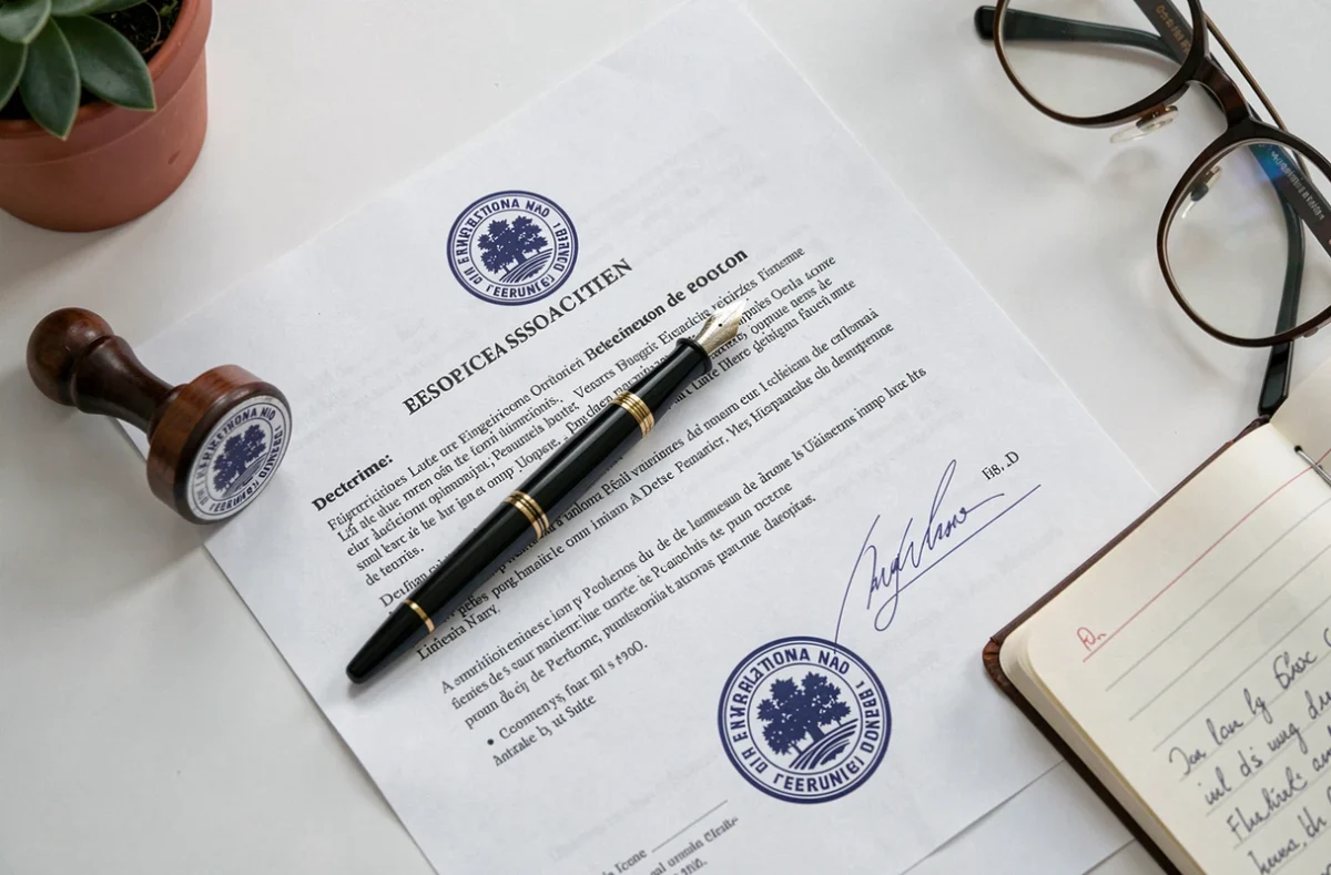 Gros plan sur une déclaration officielle d'association avec tampon administratif et stylo plume pour le Journal Officiel