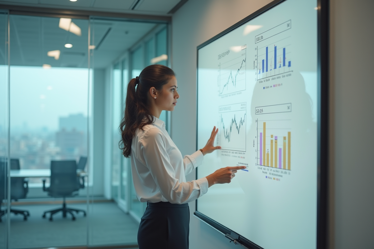 Jeune economiste indienne devant un tableau financier