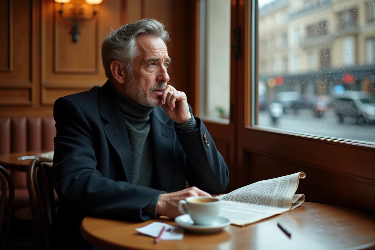 Journaliste et éditorialiste en réflexion dans un café parisien avec journaux et notes manuscrites sur la table