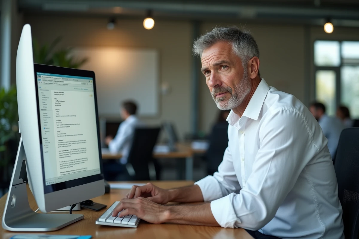 Homme envoyant un email officiel de droit de réponse à la rédaction d'un journal algérien depuis son bureau