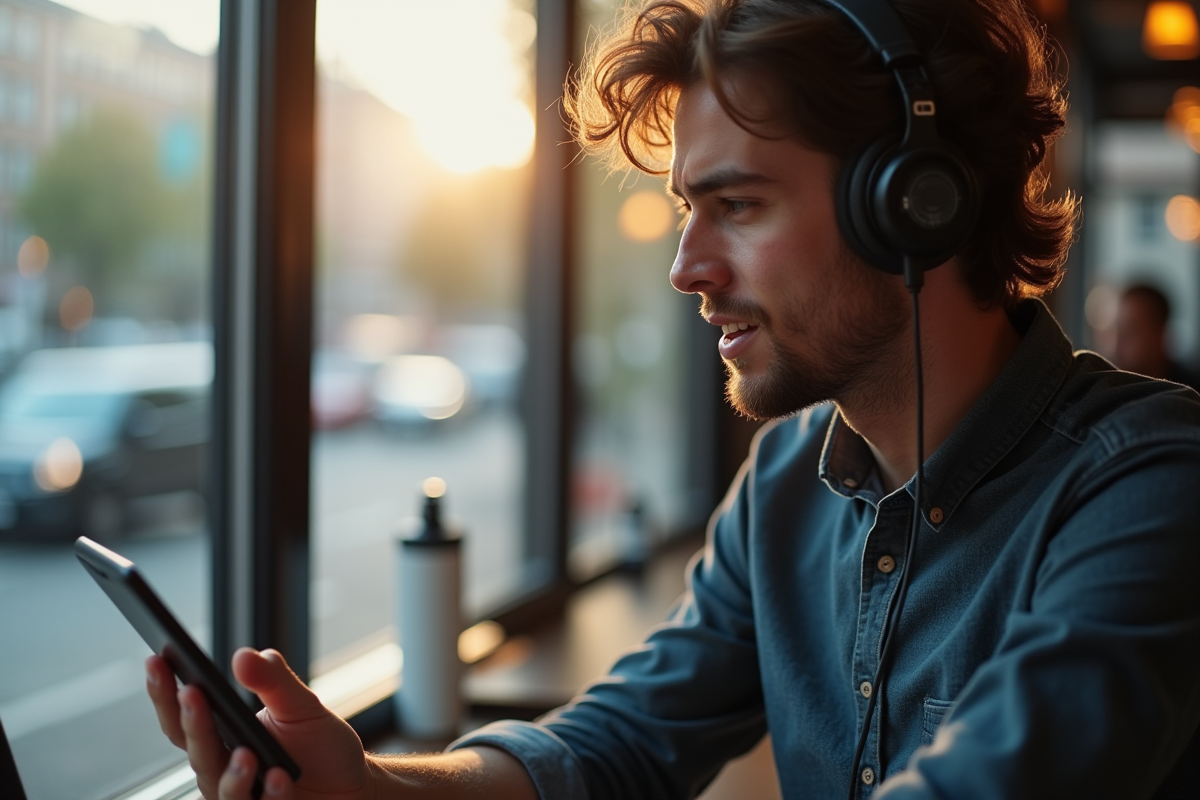 Personne enregistrant une voix avec micro-cravate dans un café urbain