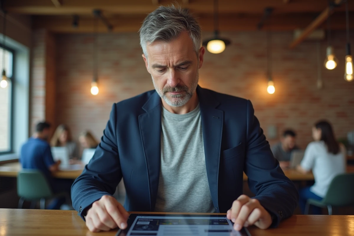 Entrepreneur consultant consultant actualités compétitives sur une tablette dans un espace de coworking