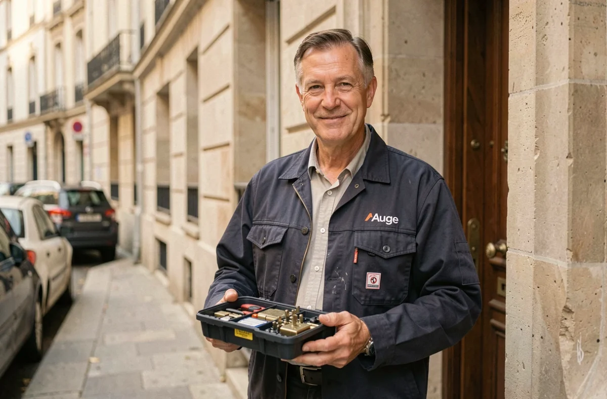 Technicien de l'entreprise Auge en intervention devant un immeuble résidentiel à Villeurbanne