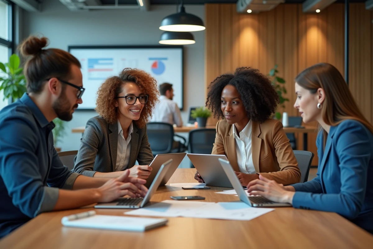 Equipe diverse discutant autour d