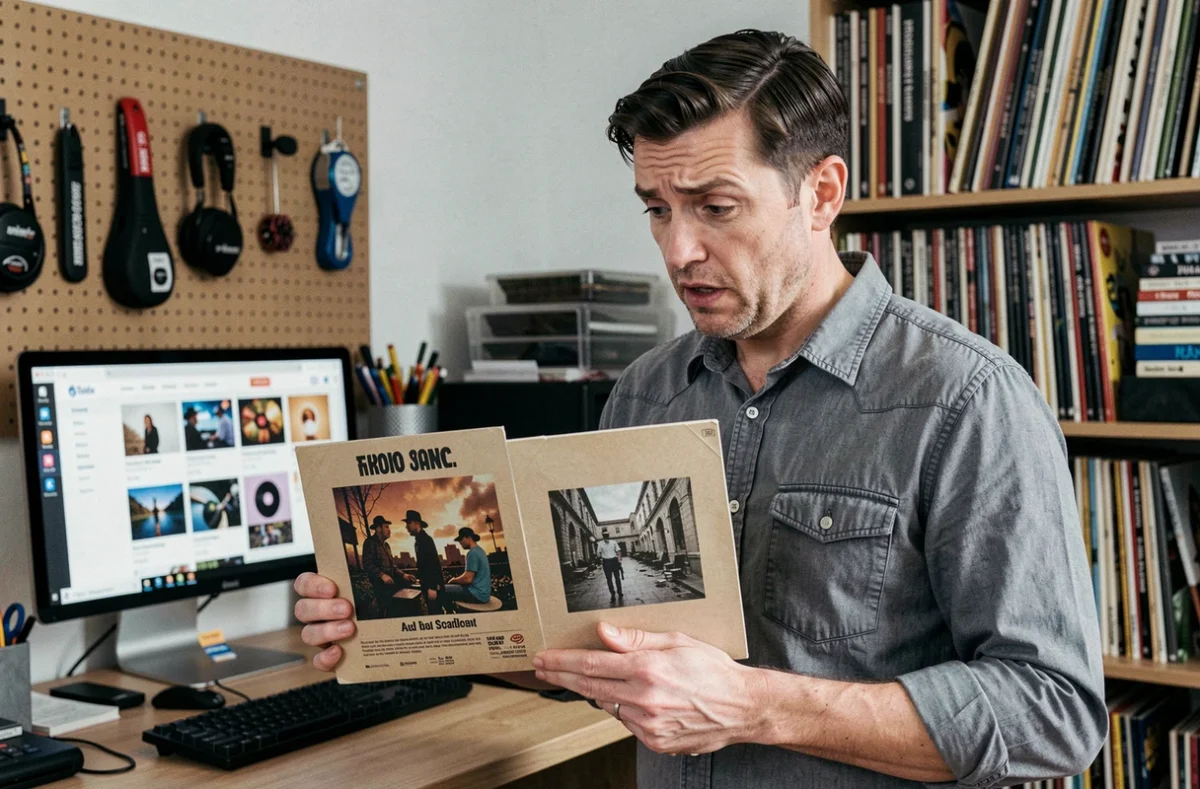 Homme réalisant une erreur de taille en comparant deux pochettes de vinyle devant un ordinateur