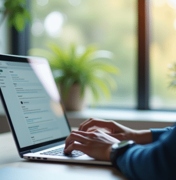 Espace de travail moderne avec un ordinateur portable et lumière naturelle