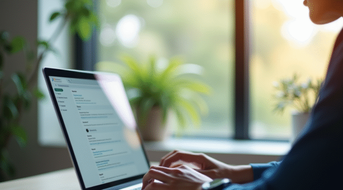 Espace de travail moderne avec un ordinateur portable et lumière naturelle