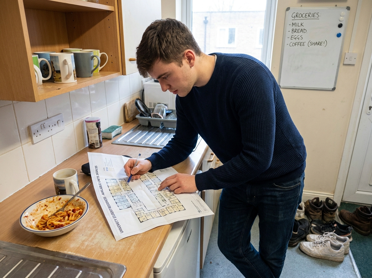 Étudiant en école privée de design comparant des offres de logement étudiant économique dans une cuisine de colocation partagée