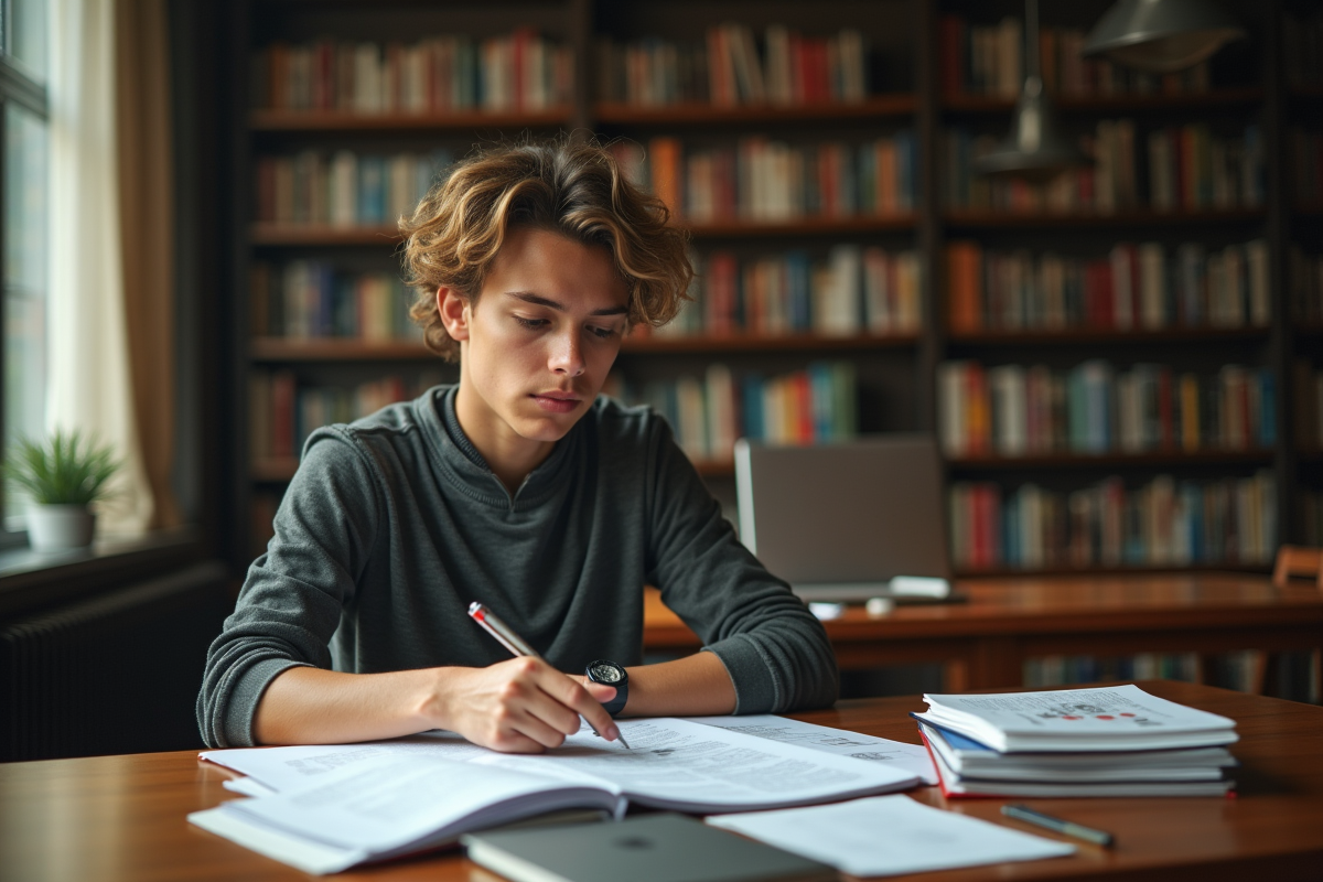 Étudiant concentré étudiant des manuels techniques dans une bibliothèque