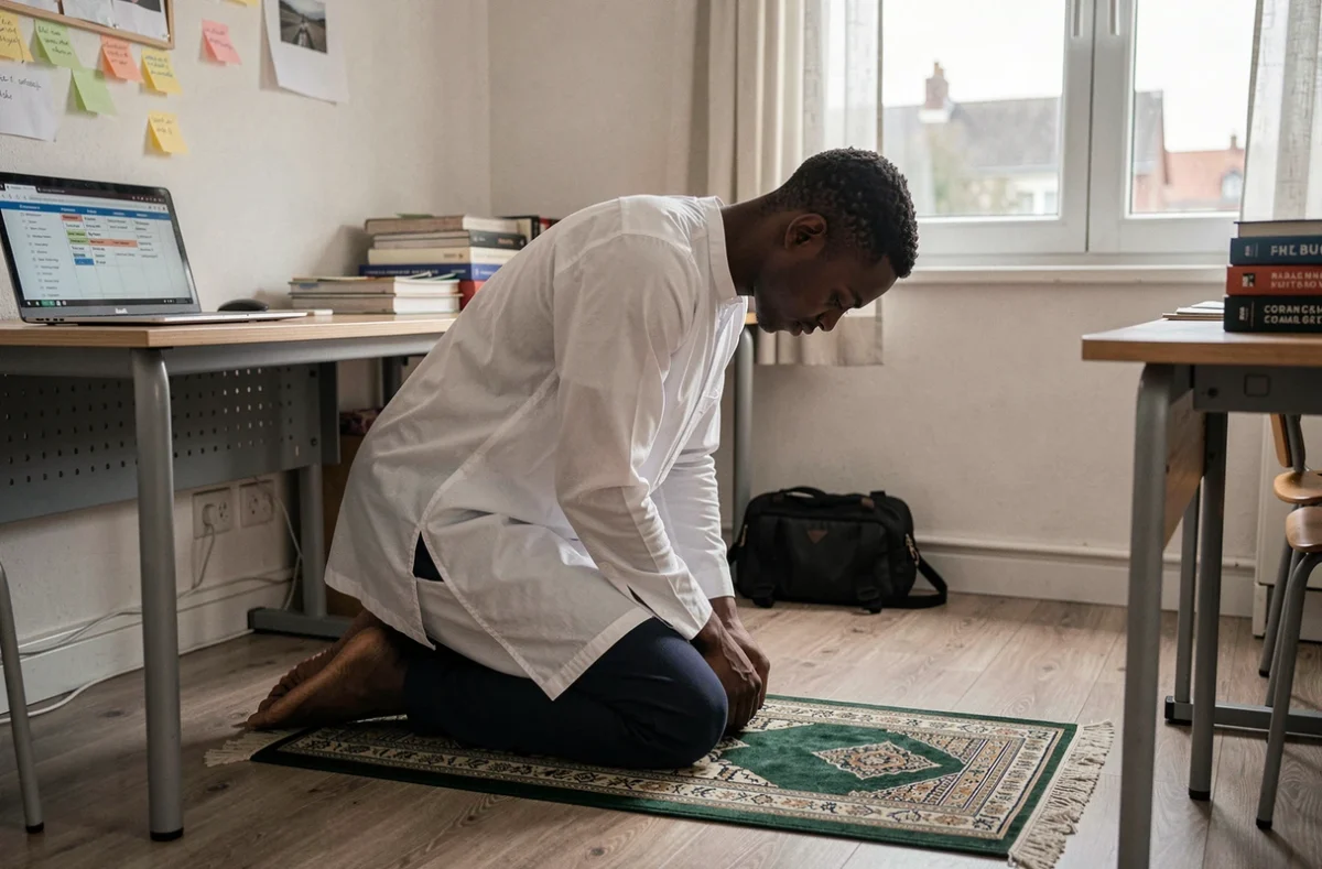 Étudiant en train de faire la prière entre deux sessions de révision dans une chambre universitaire