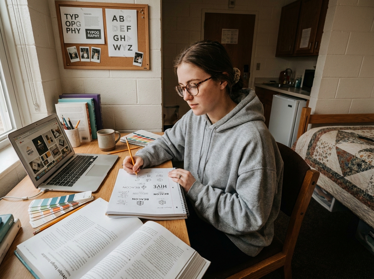 Étudiante en BTS design graphique travaillant dans un petit studio meublé économique, entourée de livres et de croquis sur son bureau compact