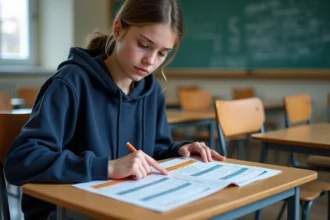 Lycéenne consultant un emploi du temps alternant semaines paires et impaires dans une salle de classe française