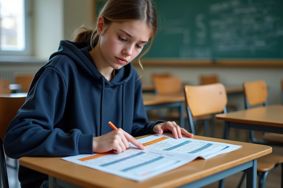Lycéenne consultant un emploi du temps alternant semaines paires et impaires dans une salle de classe française