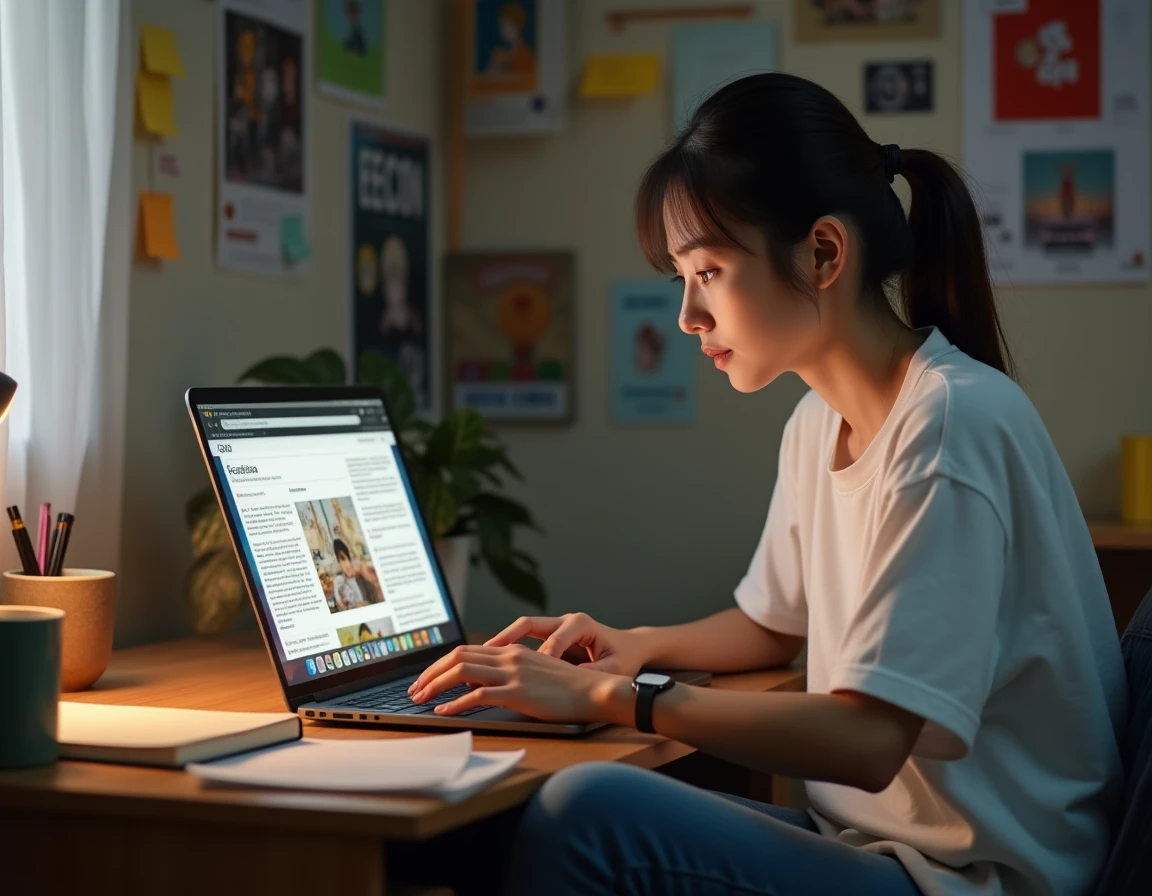 Étudiante lisant les scans de One Piece en ligne sur son ordinateur portable dans une chambre universitaire