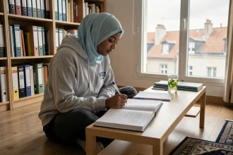 Étudiante musulmane organisant ses révisions et ses horaires de prière dans un appartement étudiant à Argenteuil