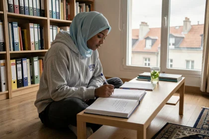 Étudiante musulmane organisant ses révisions et ses horaires de prière dans un appartement étudiant à Argenteuil