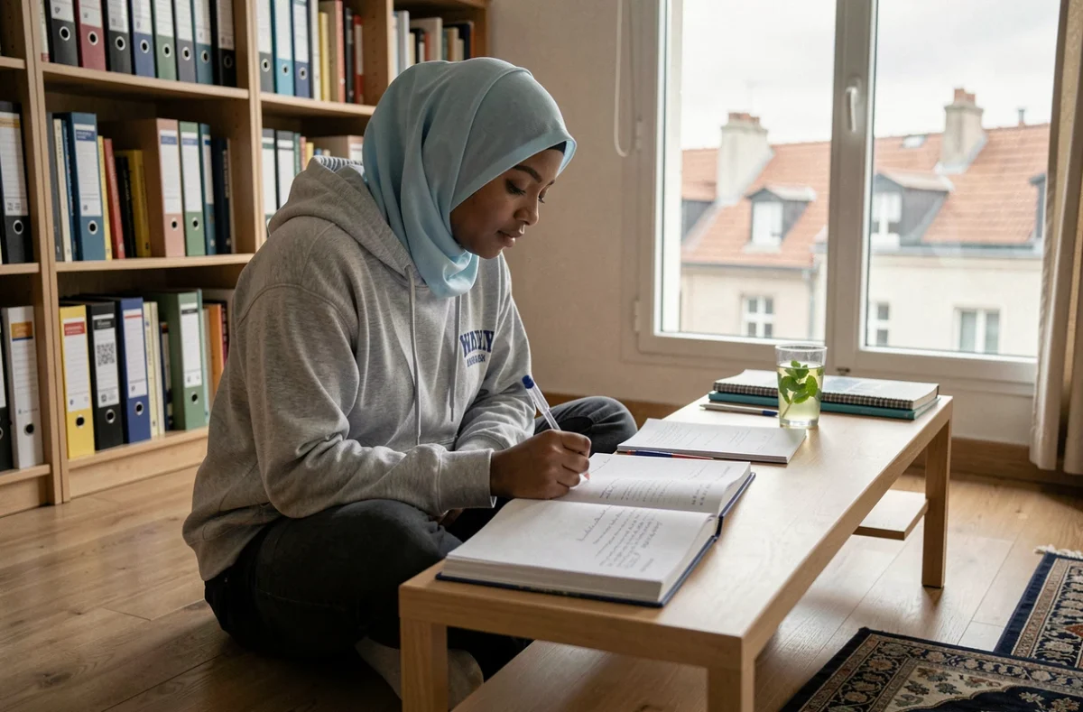Étudiante musulmane organisant ses révisions et ses horaires de prière dans un appartement étudiant à Argenteuil