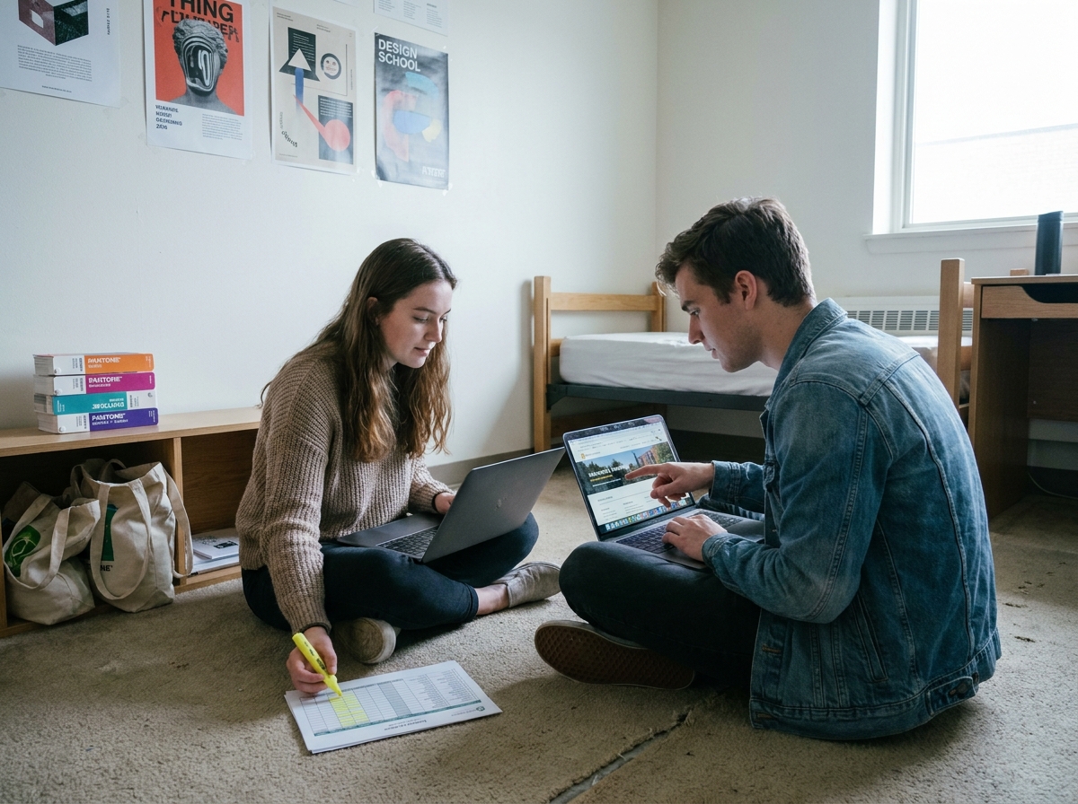 Deux étudiants en BTS design graphique planifiant leur budget logement ensemble dans une chambre d'école privée simplement aménagée