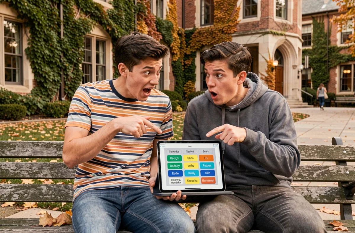 Deux étudiants assis sur un banc de campus consultant ensemble un jeu de mots sémantique sur tablette en automne