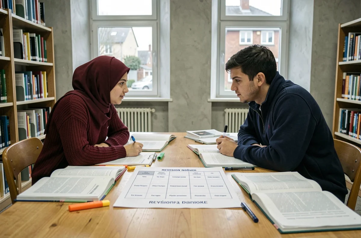 Deux étudiants planifiant leurs révisions et leurs horaires de prière dans une bibliothèque municipale d'Argenteuil