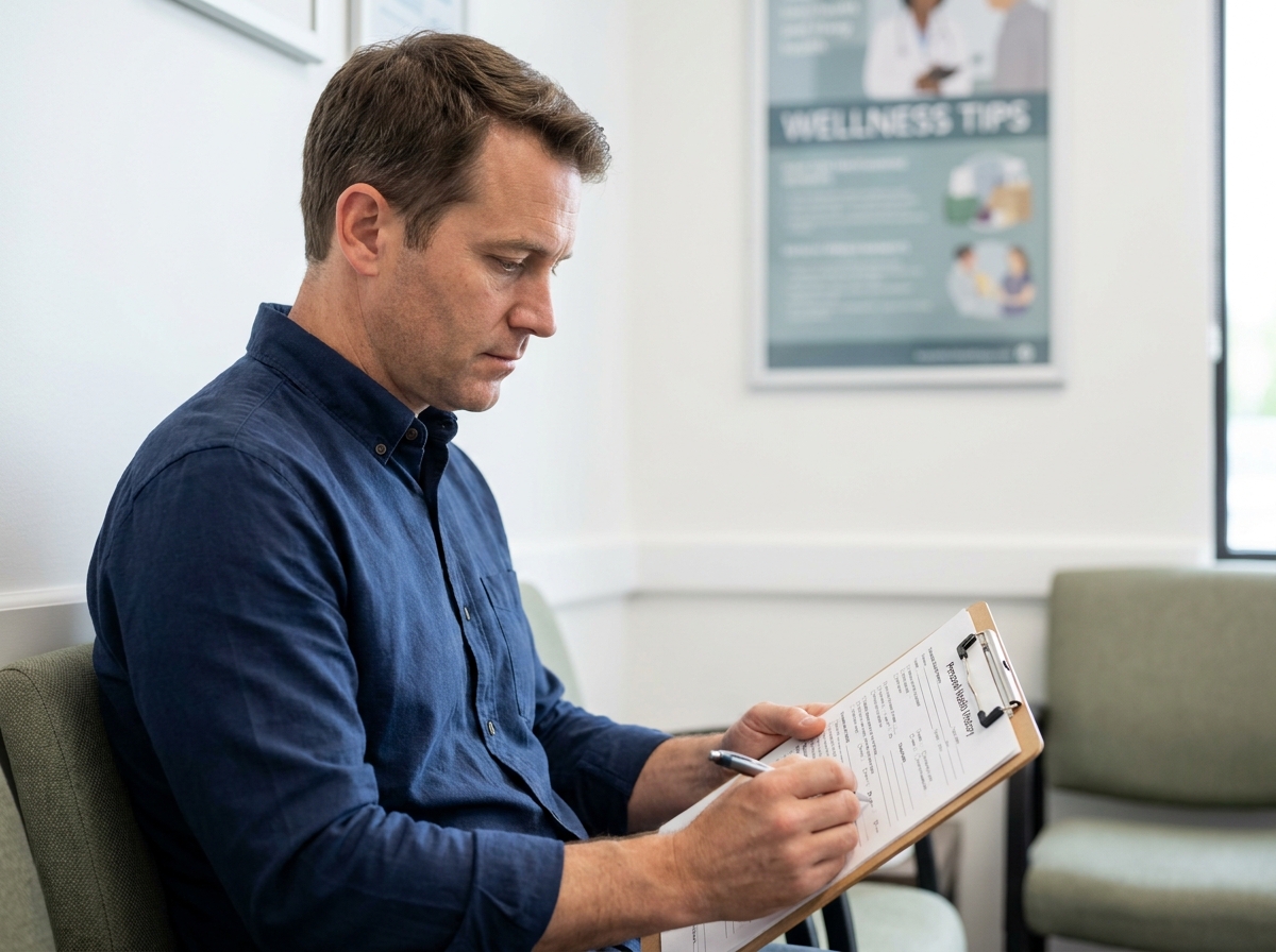 Un homme remplit un questionnaire de santé personnel dans une salle d'attente médicale pour évaluer ses besoins de santé