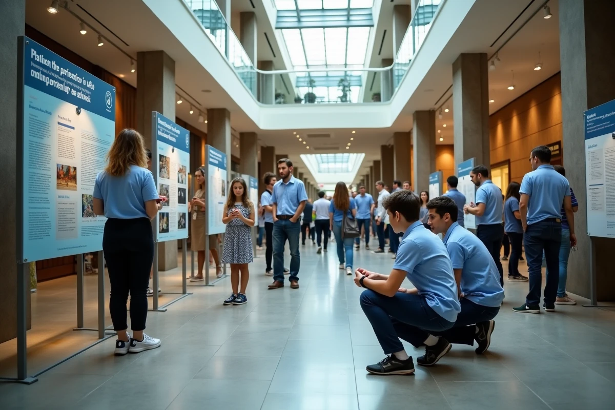 Événement de médiation scientifique grand public dans un musée avec des stands de vulgarisation et des facilitateurs engageant le dialogue avec les visiteurs