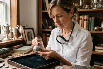 Experte en bijoux examinant un poinçon argent sur une broche ancienne avec une loupe dans un atelier d'antiquités