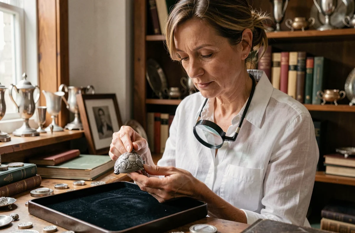 Experte en bijoux examinant un poinçon argent sur une broche ancienne avec une loupe dans un atelier d'antiquités
