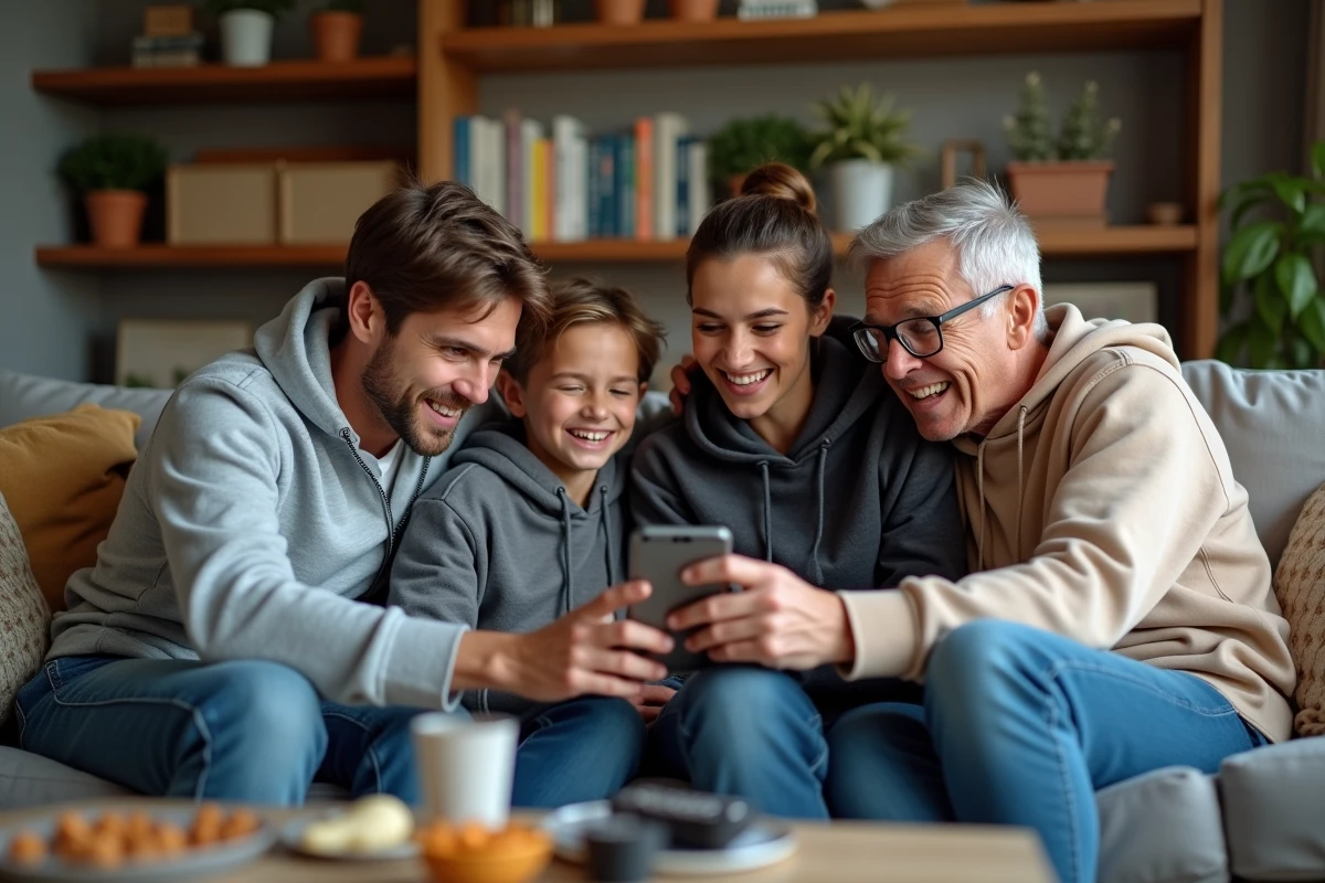 Famille réunie autour d'un smartphone tentant de déchiffrer ensemble le vocabulaire et les expressions des jeunes en 2026