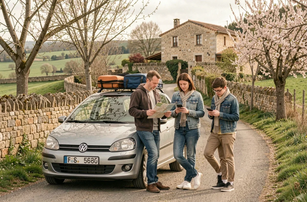 Famille en départ en vacances sur une route de campagne française pendant les jours fériés de mai 2026