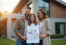 Famille moderne devant une maison avec plans et papiers