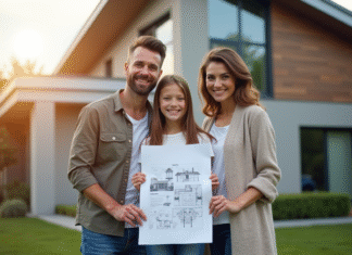 Famille moderne devant une maison avec plans et papiers