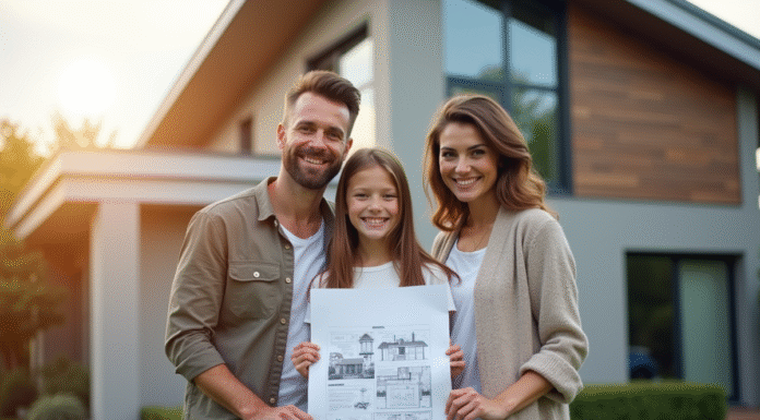 Famille moderne devant une maison avec plans et papiers