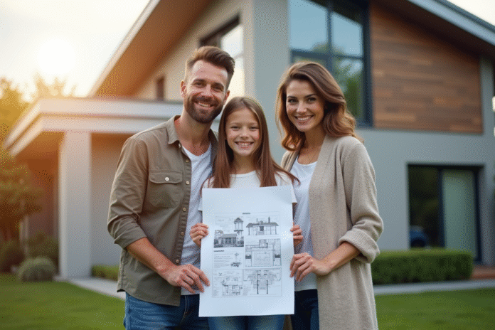 famille-maisons-architecte Famille moderne devant une maison avec plans et papiers