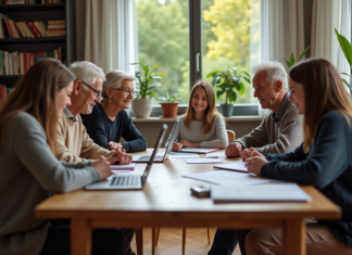 SCI familiale : Atouts et intérêt de la création en famille Famille multigenerations autour d'une table en discussion