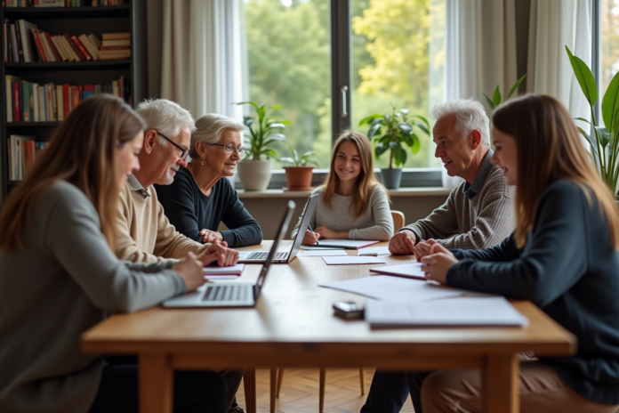 Famille multigenerations autour d'une table en discussion