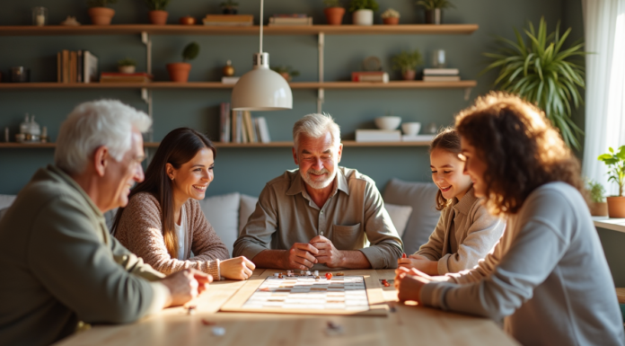 Famille multigenerations jouant à un jeu de société dans un salon lumineux