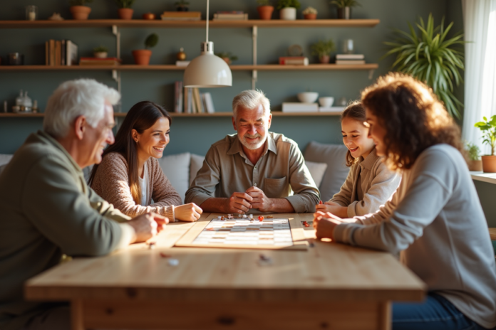 Famille multigenerations jouant à un jeu de société dans un salon lumineux